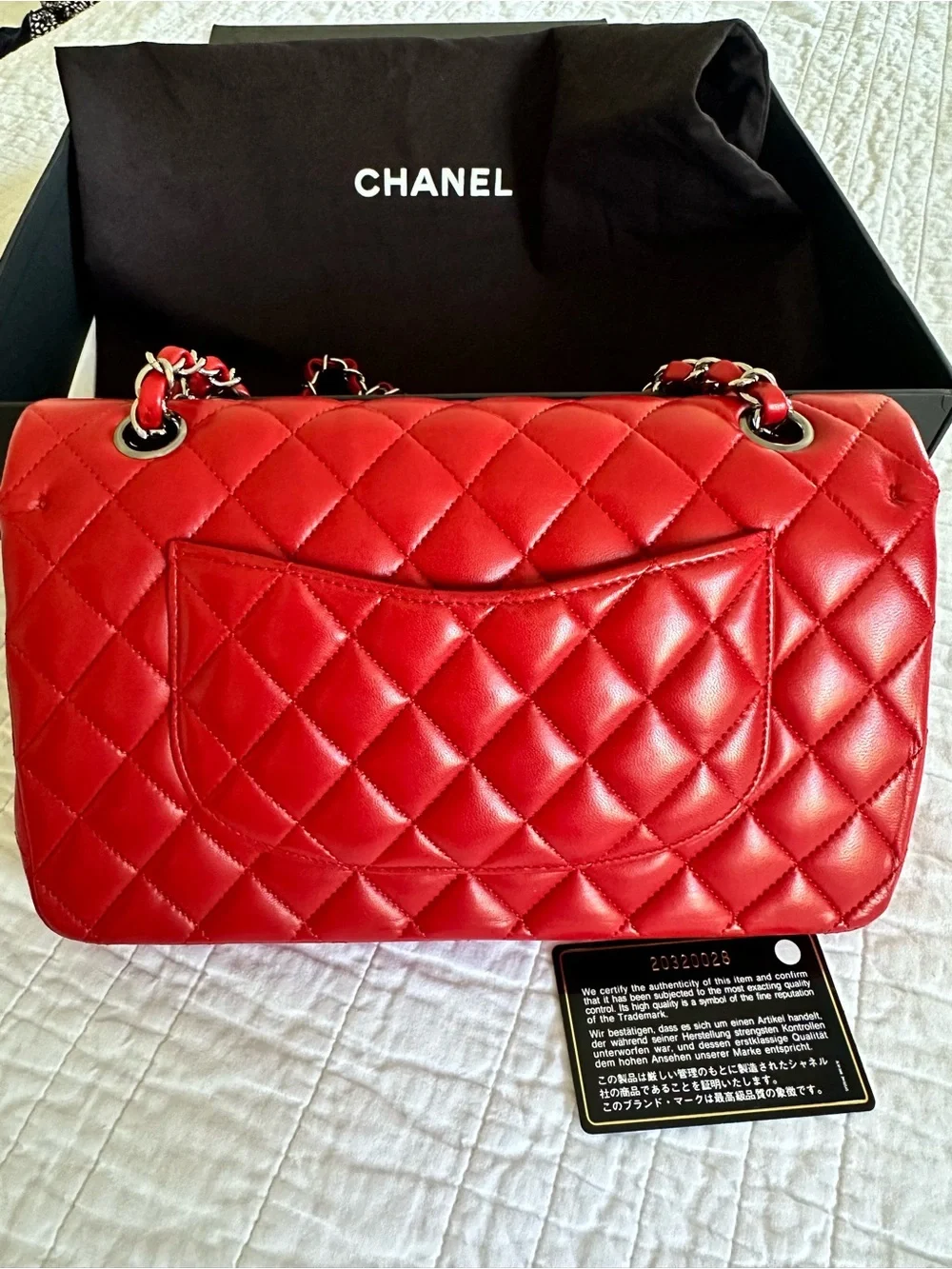 CHANEL Classic Quilted Lambskin Medium Double Flap Red Excellent Condition